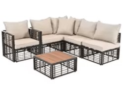 Jurrys Loungeset - Outdoor - Tuin - Meubels - Met kussens - Zitbank - Grijs - Beige - Polyrattan - Salontafel