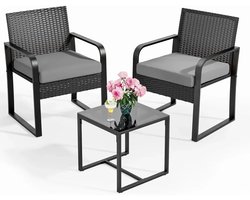 Jurrys Rotan Tuinset 2 Personen met Salontafel en Kussens – Grijs – Compact Balkon/ Terras Set – Houten Frame - Bistroset