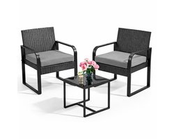 Jurrys Tuinset 2 Personen Rotan – Bistroset met Kussens en Tafel – Balkon / Terras Set – Houten Frame – Grijs - Tuinmeubel