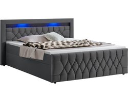 Juskys Boxspringbed Leona - 140 x 200 cm - Grijs - Incl. LED verlichting