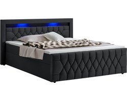 Juskys Boxspringbed Leona - 140 x 200 cm - Zwart - Incl. LED verlichting