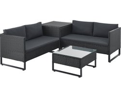 Juskys Loungeset / Tuinset Santorini - Polyrotan - Modulair - Zwart - Incl. Tafel & Opbergbox