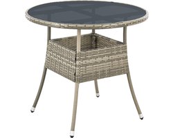 Juskys Polyrotan Tuintafel / Bijzettafel / Balkontafel Yoro - Rond - 80 cm - Grijs - Incl. Glasplaat