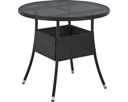 Juskys Polyrotan Tuintafel / Bijzettafel / Balkontafel Yoro - Rond - 80 cm - Zwart - Incl. Glasplaat
