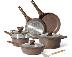 Just Perfecto 12 Delige Pannenset Inductie - Marron Beige Pannenset Met Deksel Voor Gas en Inductie - PFAS vrij - Koudgrepen