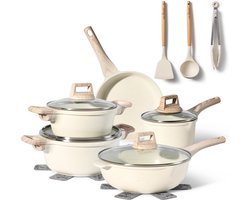 Just Perfecto 14 Delige Pannenset Inductie - Beige Pannenset Met Deksel Voor Gas en Inductie - PFAS vrij - Koudgrepen