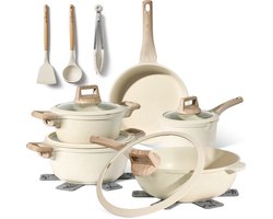 Just Perfecto 14 Delige Pannenset Inductie - Beige Pannenset Met Deksel Voor Gas en Inductie - PFAS vrij - Koudgrepen