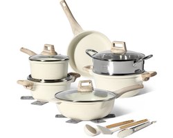 Just Perfecto 15 Delige Pannenset Inductie - Beige Pannenset Met Deksel Voor Gas en Inductie - PFAS vrij - Koudgrepen