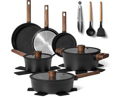 Just Perfecto 15 Delige Pannenset Inductie - Zwarte Pannenset Met Deksel Voor Gas en Inductie - PFAS vrij - Koudgrepen