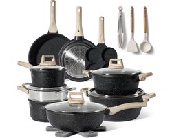 Just Perfecto 21 Delige Pannenset Inductie - Zwarte Pannenset Met Deksel Voor Gas en Inductie - PFAS vrij - Koudgrepen