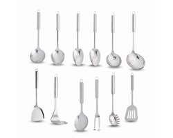 JustValue 12-delige Keukengerei Set - RVS Keukenaccessoires - Opscheplepel - Spatel - Roerlepel - Gatenlepel - Braadvork - Pastalepel - Vaatwasserbestendig - Ophangbaar Keukengerei - Keukenhulpjes - Keuken Set - Keuken Tools
