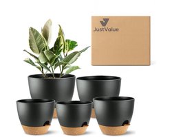 JustValue Bloempot - Set 5-Delig - Zelfbewaterend - Met Waterreservoir - Capillair Lont - Met Drainage - Kunststof - Rond - Binnen - Buiten - Balkonplanten - Kamerplanten - Zwart - Bruin - Ø 12.7-17.8 Cm