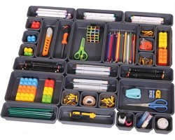 JustValue Lade Organizer Set - 44-Delig - Opbergbakjes - Lade Bakjes - Make Up Organizer - Antislip en Stapelbaar - Kunststof Lade Verdelers - Keuken - Bureau - Badkamer - Zwart