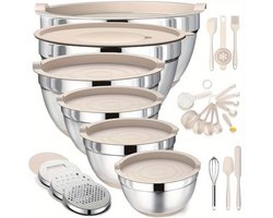 JustValue Mengkommen Set RVS 26-Delig - Beslagkom - Mixkom - Mixer Kom - Mengkom - Met Spatdeksel - Luchtdichte Deksels - Rasp-Opzetstukken - Antislip Bodem - Nestbaar - Vaatwasserbestendig