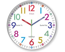 JustValue Wandklok voor Kinderen - Ø 30 cm - Kinderklok Educatief - Leren Klokkijken - Leerklok met Kleuren - Stil