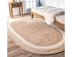 Jute Vloerkleed - Handgeweven Ovalen Kleed - Woonkamer Decoratie - Duurzaam Natuurlijk Materiaal - 120 x 210 cm - Beige Wit