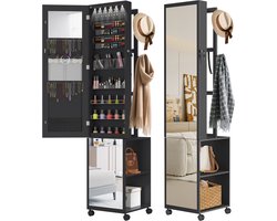 Juwelenkast met verlichting Juwelenopberger 360° draaibaar met 4 wieltjes & afsluitbare compartimenten Juwelenopberger met haken & passpiegel - Zwart