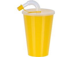 Juypal Drinkbeker met deksel en rietje - geel - kunststof - 450 ml - 12 x 9 cm