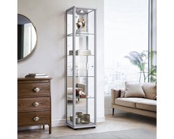 K-Möbel Vitrinekast met glas staand met 1 deur, 4 in hoogte verstelbare glasplanken, spiegel & slot - Vitrinekast met led verlichting - 176x37x33 cm - Zilverkleurig