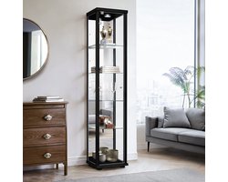 K-Möbel Vitrinekast met glas staand met 1 deur, 4 in hoogte verstelbare glasplanken, spiegel & slot - Vitrinekast met led verlichting - 176x37x33 cm - Zwart