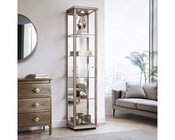 K-Möbel Vitrinekast met glas staand met 1 deur, 4 in hoogte verstelbare glasplanken, spiegel & slot - Vitrinekast met led verlichting - 176x37x33 cm - Sonoma eiken