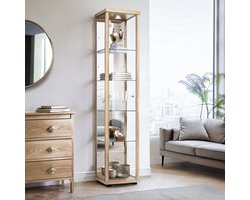 K-Möbel Vitrinekast met glas staand met 1 deur, 4 in hoogte verstelbare glasplanken, spiegel & slot - Vitrinekast met led verlichting - 176x37x33 cm - Beukenhoutkleur