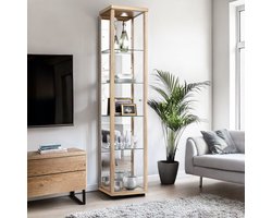 K-Möbel Vitrinekast met glas staand met 1 deur, 4 in hoogte verstelbare glasplanken & spiegel - Vitrinekast met led verlichting - 176x37x33 cm - Beukenhoutkleur