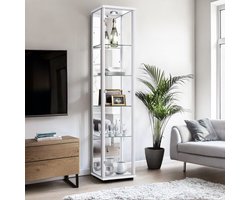 K-Möbel Vitrinekast met glas staand met 1 deur, 4 in hoogte verstelbare glasplanken & spiegel - Vitrinekast met led verlichting - 176x37x33 cm - Wit