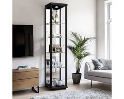 K-Möbel Vitrinekast met glas staand met 1 deur, 4 in hoogte verstelbare glasplanken & spiegel - Vitrinekast met led verlichting - 176x37x33 cm - Zwart