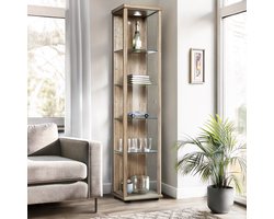 K-Möbel Vitrinekast met glas staand met 1 deur, 4 in hoogte verstelbare glasplanken - Vitrinekast met led verlichting - 176x37x33 cm - Sonoma eiken
