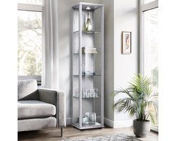 K-Möbel Vitrinekast met glas staand met 1 deur, 4 in hoogte verstelbare glasplanken - Vitrinekast met led verlichting - 176x37x33 cm - Zilverkleurig