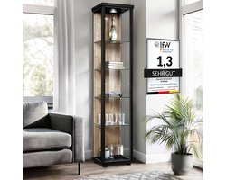 K-Möbel Vitrinekast met glas staand met 1 deur, 4 in hoogte verstelbare glasplanken - Vitrinekast met led verlichting - 176x37x33 cm - Zwart