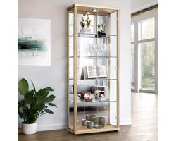 K-Möbel Vitrinekast met glas staand met 2 deuren, 4 in hoogte verstelbare glasplanken, spiegel & slot - Vitrinekast met led verlichting - 176x67x33 cm - Beukenhoutkleur