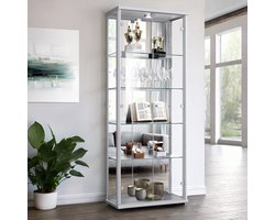 K-Möbel Vitrinekast met glas staand met 2 deuren, 4 in hoogte verstelbare glasplanken, spiegel & slot - Vitrinekast met led verlichting - 176x67x33 cm - Zilverkleurig
