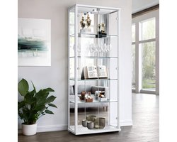K-Möbel Vitrinekast met glas staand met 2 deuren, 4 in hoogte verstelbare glasplanken, spiegel & slot - Vitrinekast met led verlichting - 176x67x33 cm - Wit