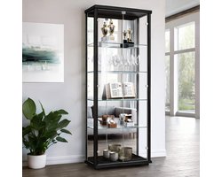 K-Möbel Vitrinekast met glas staand met 2 deuren, 4 in hoogte verstelbare glasplanken, spiegel & slot - Vitrinekast met led verlichting - 176x67x33 cm - Zwart