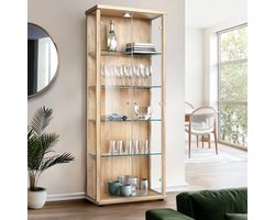 K-Möbel Vitrinekast met glas staand met 2 deuren, 4 in hoogte verstelbare glasplanken - Vitrinekast met led verlichting - 176x67x33 cm - Beukenhoutkleur