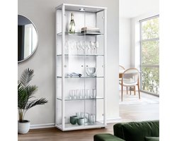 K-Möbel Vitrinekast met glas staand met 2 deuren, 4 in hoogte verstelbare glasplanken - Vitrinekast met led verlichting - 176x67x33 cm - Wit