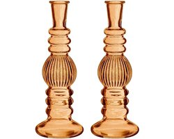 Kaarsen kandelaar Florence - 2x - zacht oranje glas - ribbel - D8,5 x H23 cm