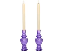 Kaarsen kandelaar Venice - 2x - gekleurd glas - ribbel paars - D5,7 x H15 cm