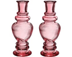 Kaarsen kandelaar Venice - 2x - gekleurd glas - ribbel roze - D5,7 x H15 cm
