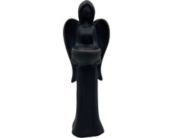 Kaarsenhouder engel antraciet / zwart polyresin 33 x 11 cm waxinelichtje |814137 | Home Sweet Home | Stoer & Sober Woonstijl