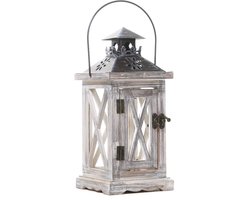 Kaarsenhouder - Lantaarn - Houten Hangende Lamp Winddicht - 1 Stuk - Binnen en Buiten Decoratie - Antiek Beige