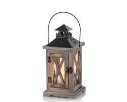 Kaarsenhouder Lantaarn Kaarsenhouder Vintage Lantaarn Houten Metalen Decoratieve Lantaarnhouder voor Buiten Landelijk Bruiloft Middelpunt Hangende Lamp Boerderij Binnen en Buiten Lantaarn Decoratie 28cm
