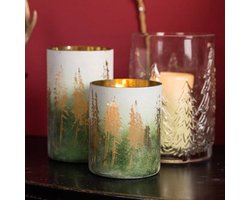 Kaarsenhouder 'Pines' - groot - Groen/Wit/Goud - Glas - H15 cm - Werner Voss