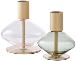 Kaarshouder - Goud/groen, helder, glas en metaal - Set van 2