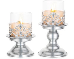 Kaarshouder Set van 2 Zilveren Pilaar Kaarshouders met Glazen Deksel voor Kerst en Decoratie