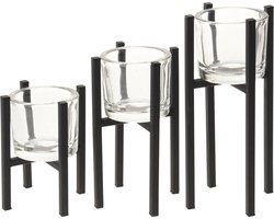 Kaarshouders - 3x stuks - glas - met zwart metalen standaard - waxinelichtjeshouders