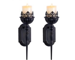 Kaarshouders Set - Wandmontage - Sfeerverlichting Creëren - Metaal en Hout - 2 Stuks - Zwart