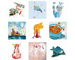 Kaartenbizz - Wenskaarten - Voor de kinderen - Illustraties - rode koe, moeder op de fiets, kuiken, vissen, zeemeermin op een dolfijn, baby in knuffeldoek, twee danseresjes, een blauwe pauw en een kok naast een pan chocoladesoep.